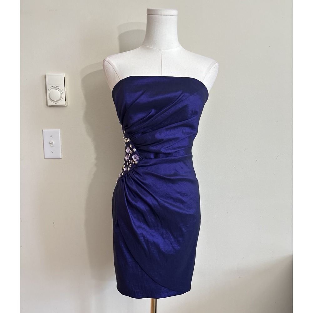 Vintage 90s 2000s Jessica McClintock Mini Dress Strapless Rhinestone Purple